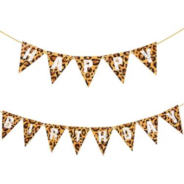 Imagem de Kristin Paradise Banner de feliz aniversário com estampa de leopardo, placa de festa de safári, decorações temáticas de animais da selva, suprimentos para chá de bebê para meninos e meninas, primeiro dia de decoração
