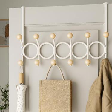 Imagem de Ganchos sobre a porta, gancho de porta, toalheiro sobre a porta para banheiro, ganchos de porta de metal resistente com 12 ganchos de esfera de madeira para pendurar roupas, chapéus, chaves, bolsa