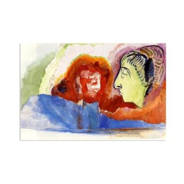 Imagem de Figura em perfil impressão de arte em tela esticada quadro emoldurado pôster giclee decoração de parede por Odilon Redon para sala de estar e quarto 40 x 30 cm (16 x 12 polegadas) pôster