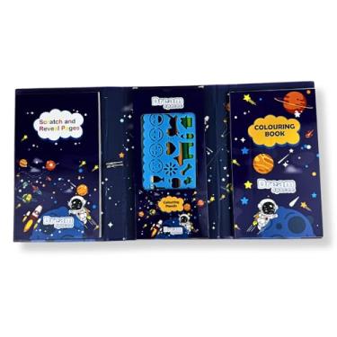 Imagem de Kit Criativo de Colorir 4 Temas Espaço, Dinossauros, Coelhinhos e Fundo do Mar com Lápis de Cor Régua de Desenho e Bloco Mágico Volta as Aulas Escolar Infantil (Azul Astronauta)