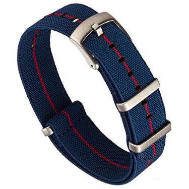 Imagem de Benchmark Basics Pulseira elástica para relógio – Paraquedas Nylon One Piece Military Style Watch Straps for Men & Women – Escolha de cor e largura – 20 mm ou 22 mm, Azul-marinho/vermelho, 20mm, Militar