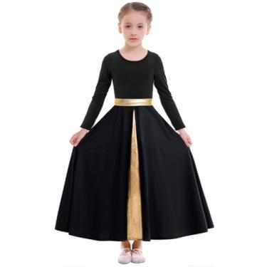 Imagem de Z&X Vestido de dança de louvor para meninas, comprimento total, saia rodada, manga comprida, adoração litúrgica, roupão de igreja, roupa de dança lírica, 08 Preto, 9-10 Anos