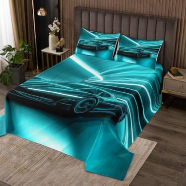 Imagem de jejeloiu Conjunto de colcha de carro de corrida azul-petróleo para crianças, meninos, meninas, moderno, moderno, conjunto de cama de carro de luxo, 3 peças