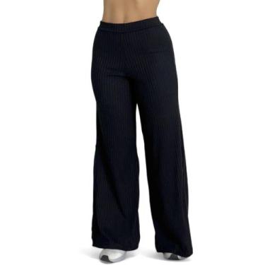 Imagem de Calça Feminina Wide Leg Pantalona Cintura Alta Tecido Canelado com Fen