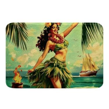 Imagem de Erosebridal Tiki Bar Tapete de banheiro Hula Girl Hawaiian Beauty Tapete de banho antiderrapante com folhas de palmeira tropical, tapete de entrada de veleiro de verão 50,8 x 81,2 cm para crianças,