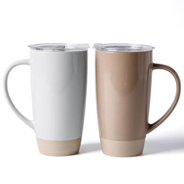 Imagem de famiware Canecas de café Milkyway, caneca de café grande de 590 ml, conjunto de 2 canecas de cerâmica com tampa, conjunto de copos com alça para latte, chá, cacau, leite, casa e escritório, marrom