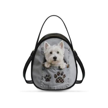 Imagem de Jolamirel Novidade Bolsa de telefone branca Westie estampada pequena transversal para mulheres couro PU bolsas transversais, bolso jeans, cachorro, pequena bolsa carteiro carteira para viagem casual