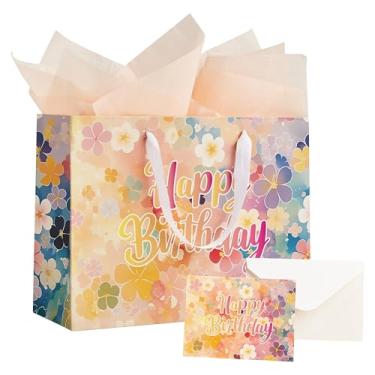 Imagem de RACETOP Bolsa grande de presente de feliz aniversário de 33 cm com alça, papel de seda e cartão para meninas, crianças, mulheres, aniversário