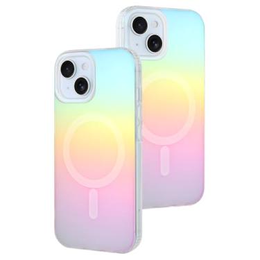 Imagem de AIGOMARA Capa magnética para iPhone 14/iPhone 13 [compatível com Magsafe] [fluorescente holográfico iridescente] Capa protetora fina à prova de choque fosca para mulheres meninas 6,1 polegadas