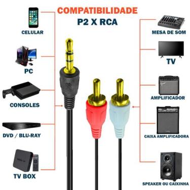 Imagem de Cabo Auxiliar P2 Para Rca Macho Audio Estéreo Caixa de Som Celular Rad