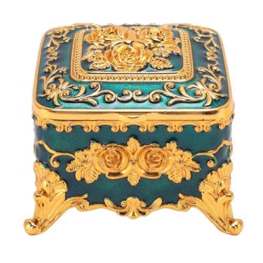 Imagem de Caixa de jóias de metal vintage de estilo europeu Caixa de armazenamento de jóias decorativas de bugigangas para briários Colares de colares de zinco retro Antique padrão floral (Azul)