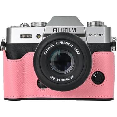 Imagem de Capa X-T30, capa BMAOLLONGB feita à mão de couro PU meia câmera versão abertura inferior para Fujifilm X-T30 XT30 com alça de mão (rosa)