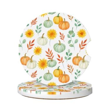 Imagem de Neukim Pacote com 2 porta-copos de carro laranja verde branco abóbora para carro, 6 cm, folha de girassol, antiderrapante, porta-copos absorvente de cerâmica com base de cortiça e entalhe de dedo