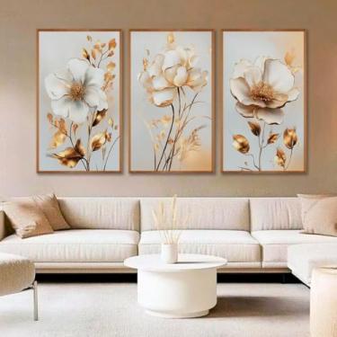 Imagem de Kit com 3 Quadros Decorativos 30x50 cm Floral Romantico Realista com Moldura Retangular Natural com 2cm de largura, na posição Vertical, ideal para ambiente de Sala, Quarto e Hall. Tamanho dos quadros montado na parede 50x94cm