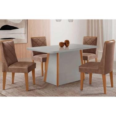 Imagem de Conjunto Sala de Jantar Tilia c/ Tampo Madeirado c/ Vidro Canto Curvo 120x80cm e 4 Cadeiras Maldivas Madeira Maciça Naturale/Off White - Capuccino/Cor