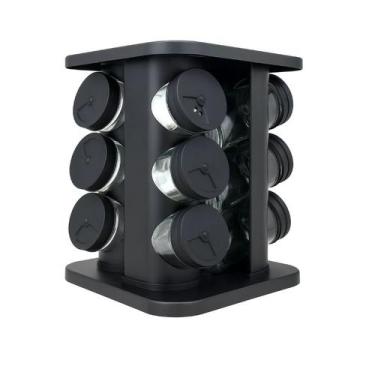 Imagem de Porta Temperos Giratório Com 12 Potes De Vidro Tampa Dosadora Preto - 