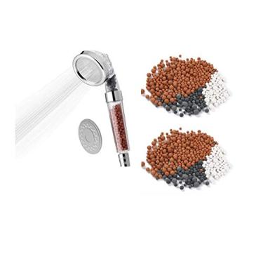 Imagem de Chuveiro iônico filtrado, chuveiro de alta pressão com 3 configurações e economia de água, bolas de pedra para purificar o cloro, contas de filtro de pedra chuveiro portátil para cabelos secos e pele