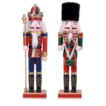 Imagem de ArlinaL Pacote com 2 bonecos de Natal Quebra-Nozes Rei e Soldado, Quebra-Nozes de Madeira de 30 cm Decoração de Festival de Natal para Prateleiras e Mesas