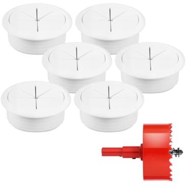 Imagem de Pacote com 6 ocultadores de cabos de TV, kit de gerenciamento de cabos de plástico para parede de mesa, capas de arame removíveis, capas de orifício de mesa versáteis fáceis de instalar com serra para