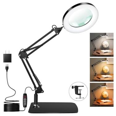 Imagem de Qlying Lupa de 10 x com luz, luminária de mesa de 28 cm com base e grampo, lente de vidro real, LED regulável e 3 modos de cor, lupa para artesanato, leitura, pintura, reparo
