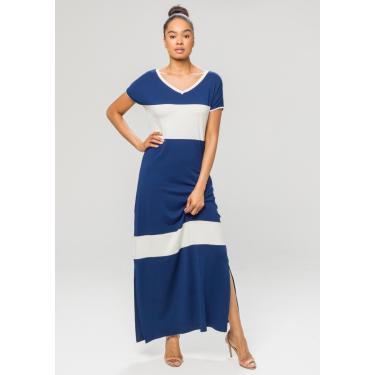 Imagem de Vestido Longo Pau a Pique Listrado Azul Marinho e  Off White