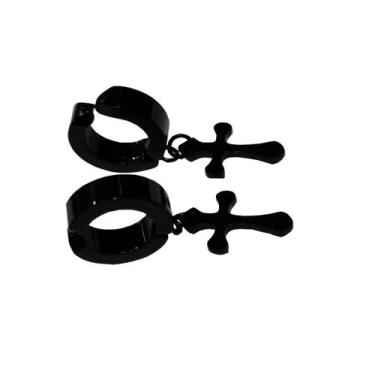 Imagem de Brinco Argola Falso Pressão Cruz Crucifixo 1 par(2un) - HHW, Preto