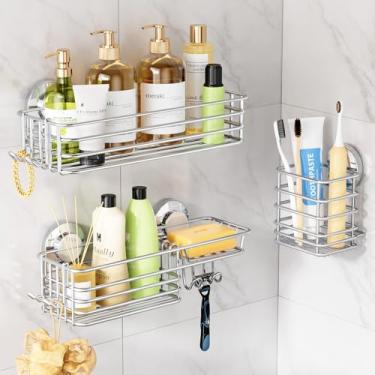Imagem de LEVERLOC Suporte de chuveiro com ventosa, pacote com 3 organizadores de banheiro resistentes para chuveiro interno com ganchos e suporte de sabonete, organizador removível de banheiro, armazenamento