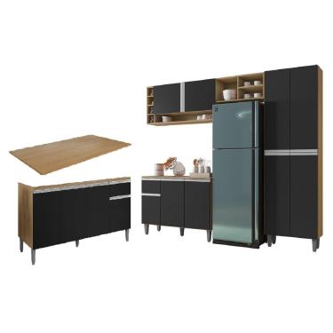 Imagem de Armário de Cozinha Vanessa com Balcão Tati 150m com Tampo MDP Amêndoa/Preto - AJL