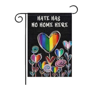 Imagem de DecrPlus Hate Has No Home Here bandeira orgulho jardim bandeira 30,5 x 45,7 cm serapilheira dupla face gay lésbica LGBT arco-íris amor bandeira jardim decoração quintal