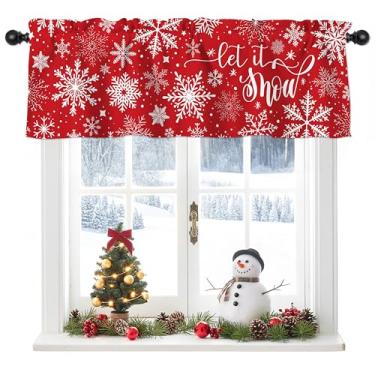Imagem de VBDFD Cortina de Natal com floco de neve para janela de tratamento de varão, 1 peça de cortina curta vermelha de inverno para cozinha, banheiro, decoração de quarto, 132 x 45,7 cm (vermelho, 132 cm C