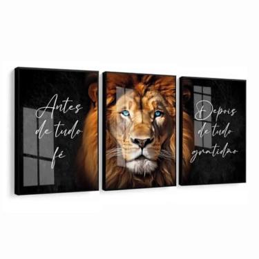 Imagem de Quadro Decorativo Leão Frase Antes De Tudo Fé Depois De Tudo Gratidão Religioso Rosto Leão Moldura e Vidro