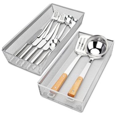 Imagem de Organizador de talheres com braço interligado (cinza) – pacote com 2 organizadores de gaveta de utensílios de 37,3 x 15,5 x 5 cm