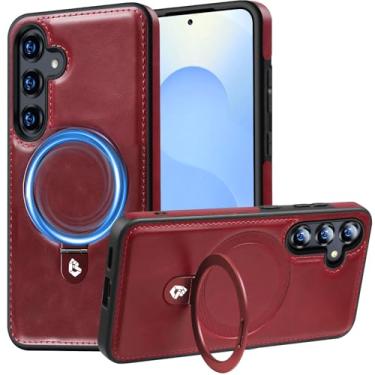 Imagem de Hovisi Capa World First para Galaxy S25 com MagicStand, [Suporte Invisível] Capa protetora fina de couro PU e borracha à prova de choque com anel magnético para Samsung Galaxy S25 Vermelho