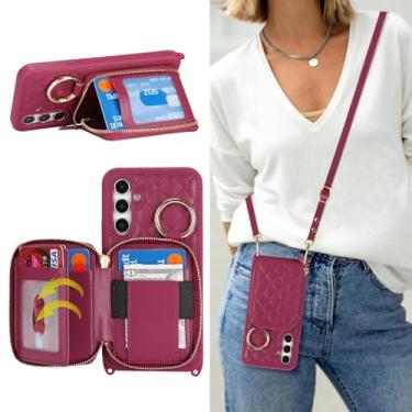 Imagem de Hamany Capa tipo carteira transversal para Galaxy A54 5G, bolsa de mão de couro PU com zíper, capa flip com suporte para cartões, alça de pulso - vermelho escuro