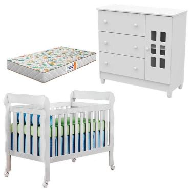 Imagem de Berço Americano Lila E Cômoda Mariah Branco Brilho Com Colchão Gazin - Carolina
