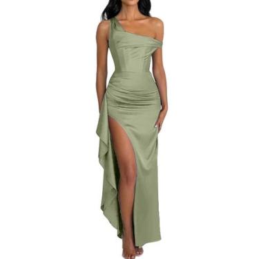 Imagem de Vestido de convidado de casamento Alphirkut Satin Off Shoulder Sage Gr
