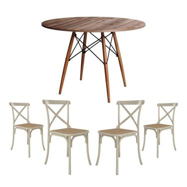 Imagem de Conjunto De Mesa Eiffel Redondo Tampo De Madeira 110Cm Amêndoa Com 4 Cadeiras Katrina Off White