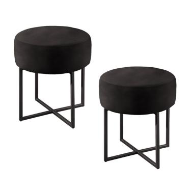 Imagem de Conjunto - 2 Puffs Banqueta Otávio Base Metálica Preta Luxo Corino Preto