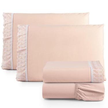 Imagem de Jogo Lençol Casal Suave Barrado Lese 4 Peças Barato - Salmão - Casa Sh