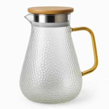 Imagem de Jarra de Vidro 1800ml com Tampa de Bambu – Design Luxo Texturizado, Alça Âmbar, Resistente ao Calor e Frio, Para Água, Suco, Chá e Bebidas
