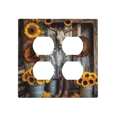 Imagem de BHGAHD Capas de tomada decorativas com chapéu de girassol ocidental design de porta de celeiro de madeira placa de parede de 2 grupos duplo receptáculo duplo interruptor de luz capa de placa de