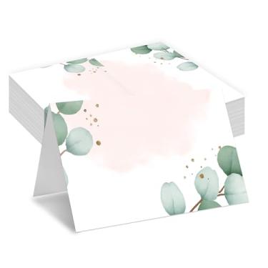 Imagem de Cartões Greenery Place, pacote com 25 cartões semidobrados, suprimentos de lembrancinhas de festa de eucalipto, cartões de nome para festa de aniversário, chá de bebê, jantar, casamento, casamento