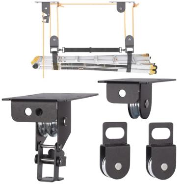 Imagem de RoakyRoasy Elevador de escada para teto de garagem com sistema de polia de metal comporta 68 kg, 14 cm, elevador de armazenamento autotravado, montado paralelo ou perpendicular