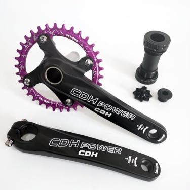 Imagem de DONSP1986 Pedaleira de mountain bike 170 mm 104BCD 34T, conjunto de manivela MTB, liga de alumínio, anel redondo com suporte inferior para bicicleta de ciclismo dobrável de estrada (preto-roxo, 34