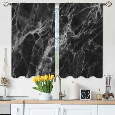 Imagem de Gpiaoyfo Cortinas de cozinha de mármore preto com pedra lisa abstrata cerâmica luxo cortinas curtas para banheiro café cortinas pequenas tratamento 2 painéis (27,5 x 39 polegadas)