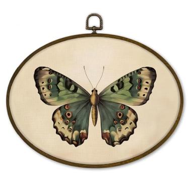 Imagem de nvucamd Arte de parede oval de mariposa borboleta vintage emoldurada, arte de parede com estampa de mariposa neutra rústica, casa de campo, decoração pendurada de borboleta para casa de banho, sala de
