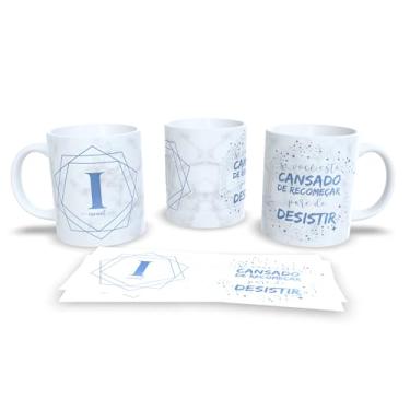 Imagem de Caneca de Cerâmica Personalizada com Monograma e Frase Motivacional, Mármore Branco e Azul, 325ml, Design Geométrico (i)