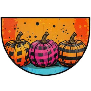 Imagem de Tapete de porta meio redondo, xadrez, outono, abóbora, antiderrapante, absorvente, semicírculo, tapetes laváveis, meia lua, tapetes para ambientes internos, pátio, cozinha, banheiro, entrada, lareira