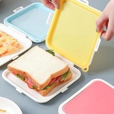 Imagem de Recipiente para sanduíche com tampa de encaixe, lancheira portátil de silicone com fivela – Recipiente reutilizável à prova de vazamento para pão, frutas, salada, lanches e sanduíches