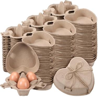Imagem de FoldTier 200 caixas de ovos em forma de coração de Páscoa, 3 unidades, caixas de ovos de polpa de papel natural com corda de juta, cestas de armazenamento de papelão reutilizáveis, bandeja para